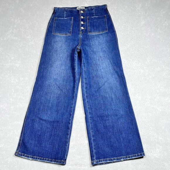 Bayeas Jeans Womens Size 27 Blue High Rise Wide Leg Denim Buttons Pockets Boho - Picture 1 of 11